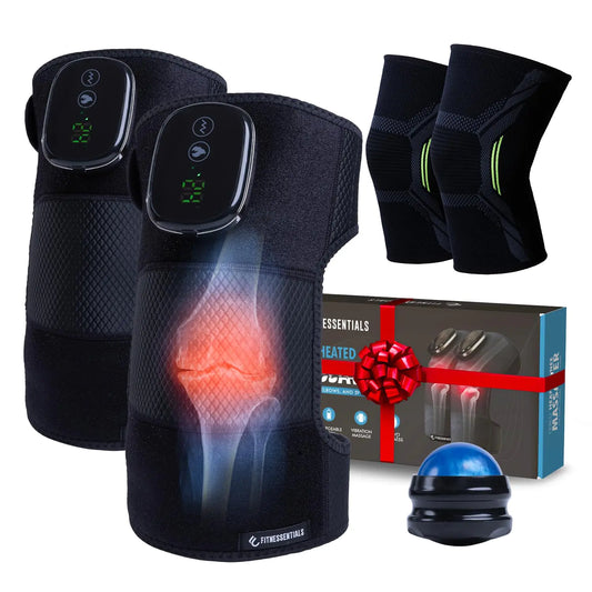 Fitnessentials Wireless Knee Massager & Heating Pad w/Advanced Vibration & Compression Sleeves to Target Knee Pain Arthritis Pain Relief - Includes Massage Roller Ball & Compression Sleeves.