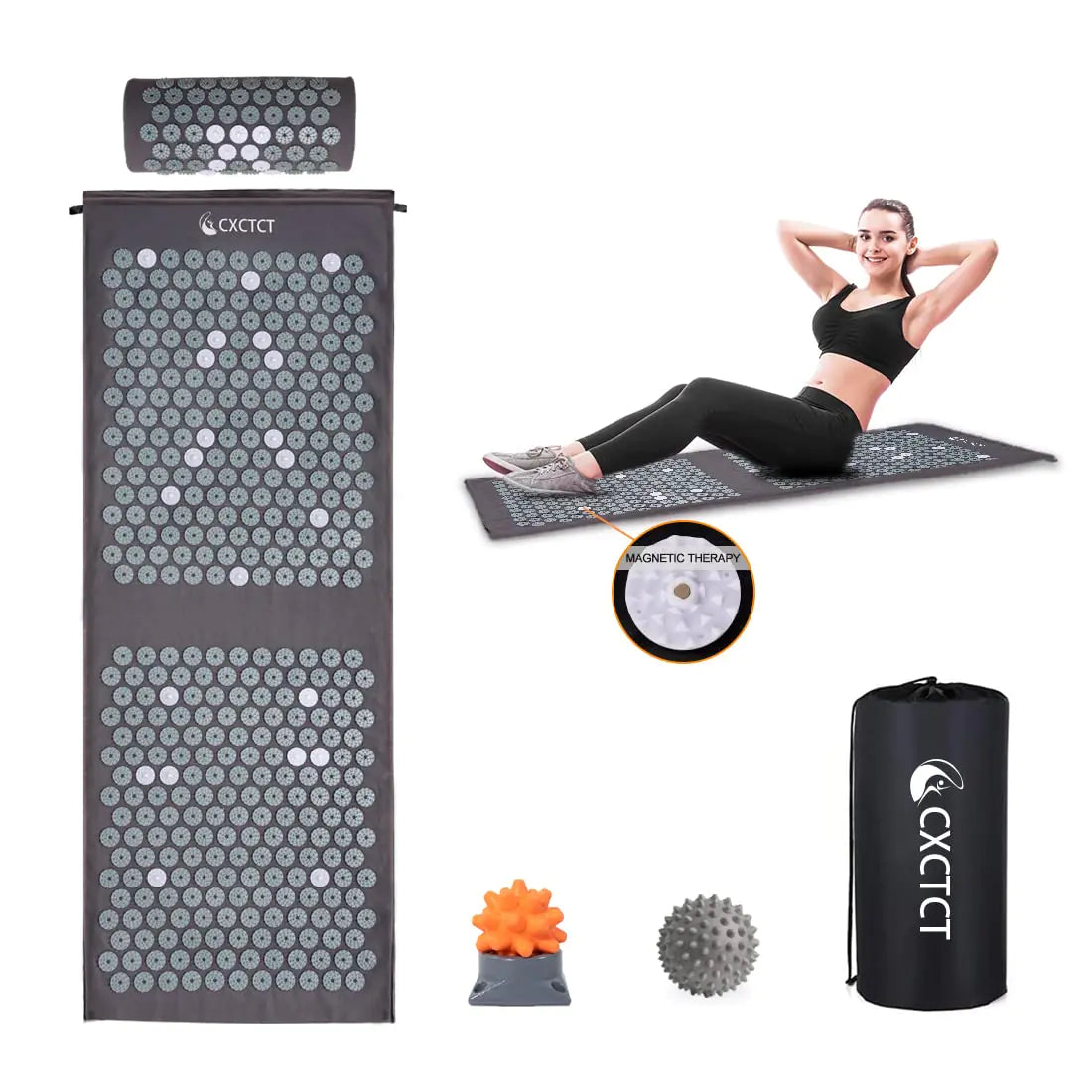 Extra Long Acupressure Mat & Pillow Set (Grey)